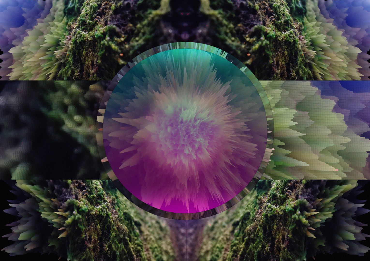 Digital photomontage.

Fragmented composition mirrored in the Y axis. The foreground consists of a circle in the center of the image, depicting an organic-like blast outwards in magenta and cyan tones. The background is divided into three thirds, juxtaposing organic moss textures and digital image processing by extrusion.