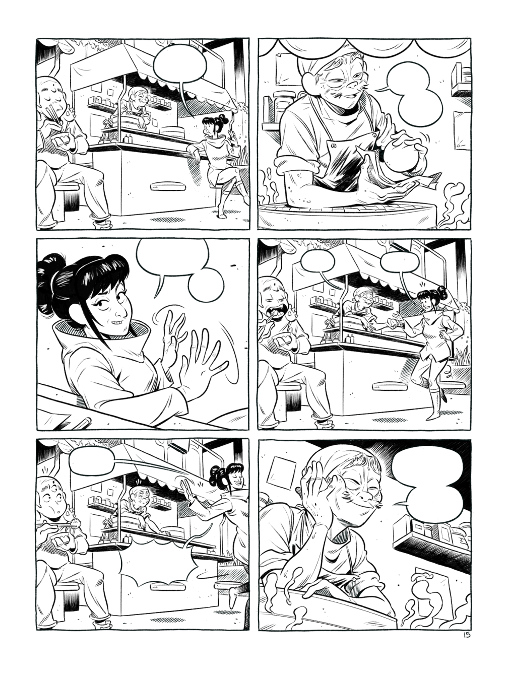 Página de cómic a tinta, 6 viñetas, no hay texto. En la primera vemos como una chica está sentada en un puesto de comida y habla con el cocinero del puesto, en primer plano un  alienígena está agarrando comida de un bol con unos palillos. En la segunda viñeta el cocinero, en plano medio, envuelve un bun chino en un papel. En la tercera la chica, desde el punto de vista del cocinero, sigue hablando y gesticulando. En la cuarta viñeta, el mismo plano que en la primera, la chica se levanta de su asiento sobresaltada mientras el cocinero le pasa el bun que acaba de envolver, el alienígena en primer plano esta metiéndose comida en la boca. En la quinta viñeta, con el mismo plano que la anterior, la chica se aleja por la parte lateral gritando algo, el alienígena que come en primer plano la mira sorprendido. En la sexta y última viñeta el cocinero apoyado en el cesto de buns humeante, la mira sonriendo en plano medio mientras dice algo.