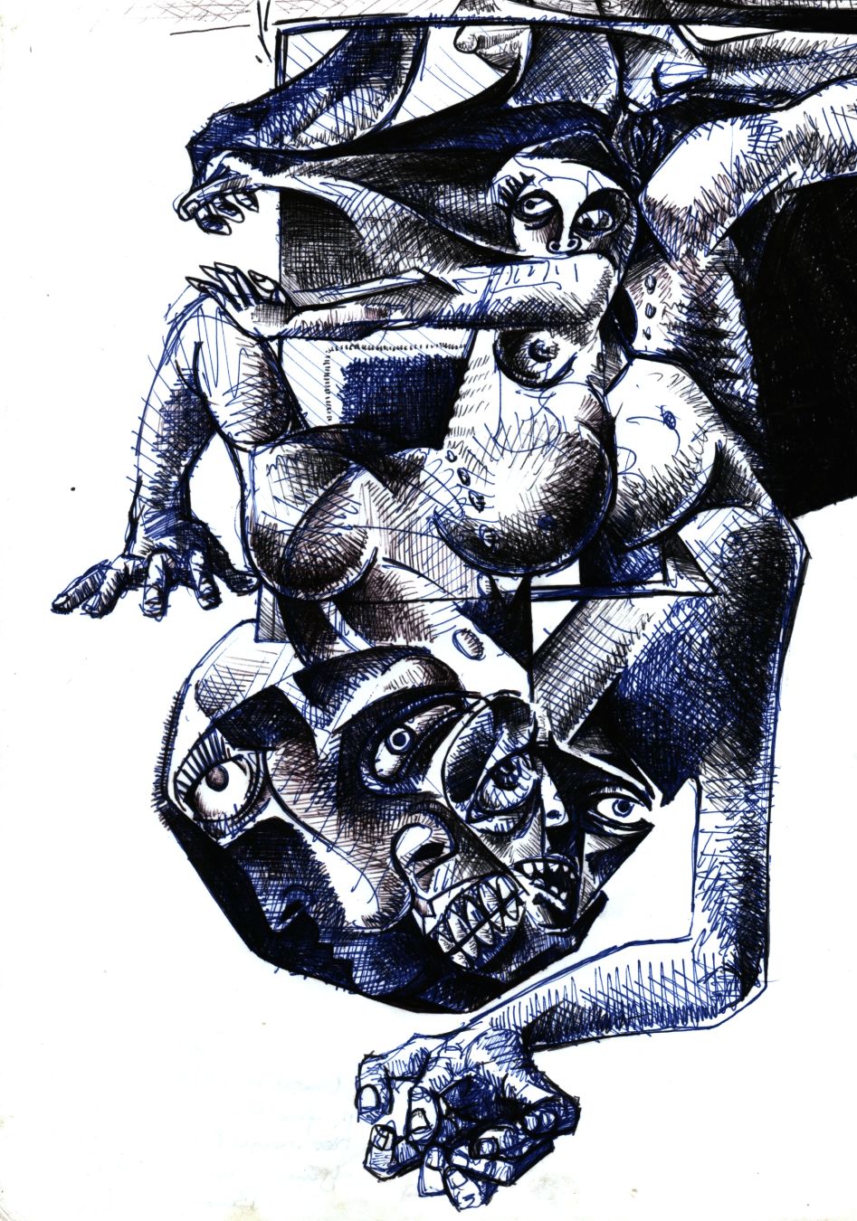 Black & blue on white ballpoint pen drawing; cubist, expressionist heavily hatched.
A distorted human figure, a ludicrous mishmash of limbs and faces advaces crawling from the upper part of the paper.